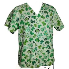 Tafford Scrub Top Green Shamrock Clover St Patricks Day Print Cotton Blend Sz XS