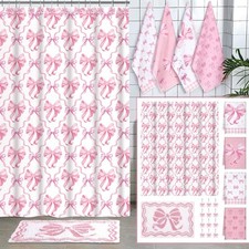 18 Pcs Pink Bow Fabric Shower Curtain Set with 12 Decorative Shower Curtain H...