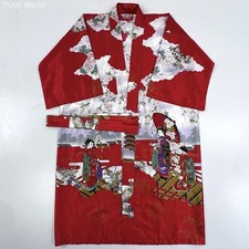 Vintage 90s Juguemm Women's Kimono Robe Red Geisha Pagoda Graphic Japan Sz 42