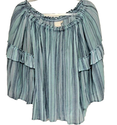 Sharagano 1X Blue Striped Off Shoulder Ruffle Boho Blouse Flutter 3/4 Sleeve