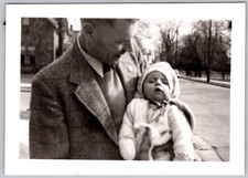 Vtg B&W Snapshot Man With Baby In Winter Outfit 1940s