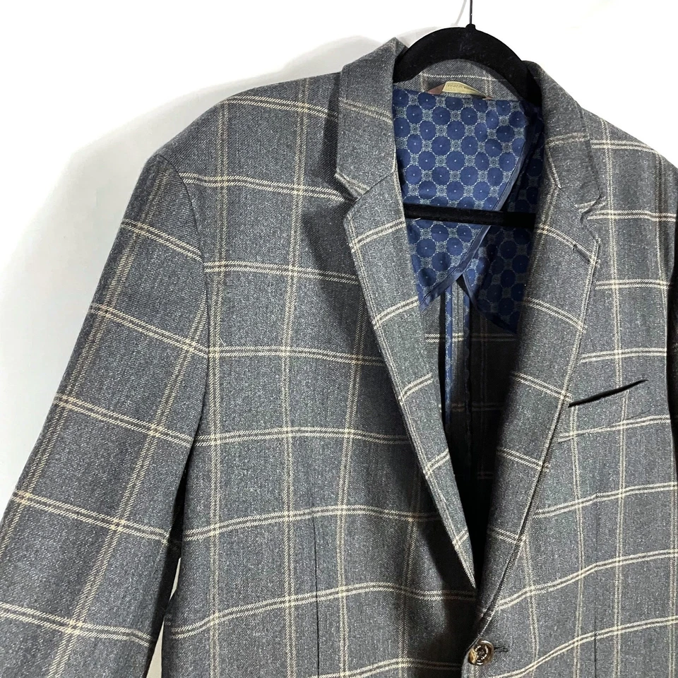 Tasso Elba Plaid Blazer Gray Wool Cotton 2-Button Sport Coat Jacket Sz XL Men's - Image 2 of 4