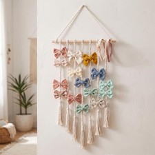 Boho Macrame Hair Bow Holder - Handmade Wall Hanging Organizer for Baby Girls