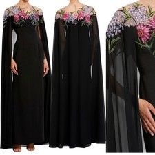 Mac Duggal Beaded Floral Embellished Crepe Cape Gown Black Size 18 $398 Rare