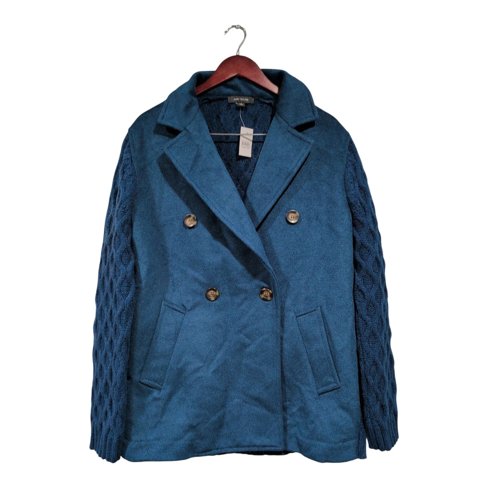 NEW ANN TAYLOR $198 SEA STORM BLUE MIXED MEDIA CABLE COATIGAN JACKET SZ LARGE