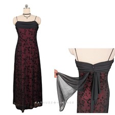 Vintage Prom Dress Maxi Gown M Red Black 90S Y2K Fairy Goth Floral Cowl Slip