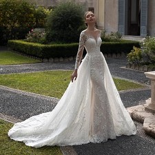Customized Luxury Mermaid Wedding Dress O-neck Long Sleeve Tulle Backless