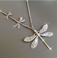 Dragonfly Necklace Silver Pendant Filigree Statement Jewelry 26in Long Chain New