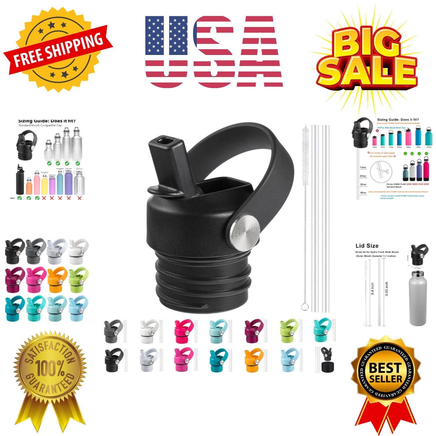 Straw Lid fits Hydro Flask Standard Mouth, 21 24 oz, Sports 