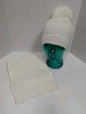 DKNY Woman Knit Beanie Scarf Ivory Long Go PomPom Ribbed Cuff 2 Pc Set