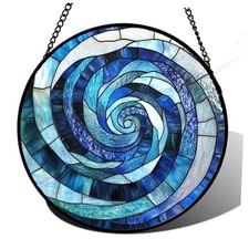 Stained Glass Window Hanging - Abstract Swirl Suncatcher for 9.8x9.8 IN Blue
