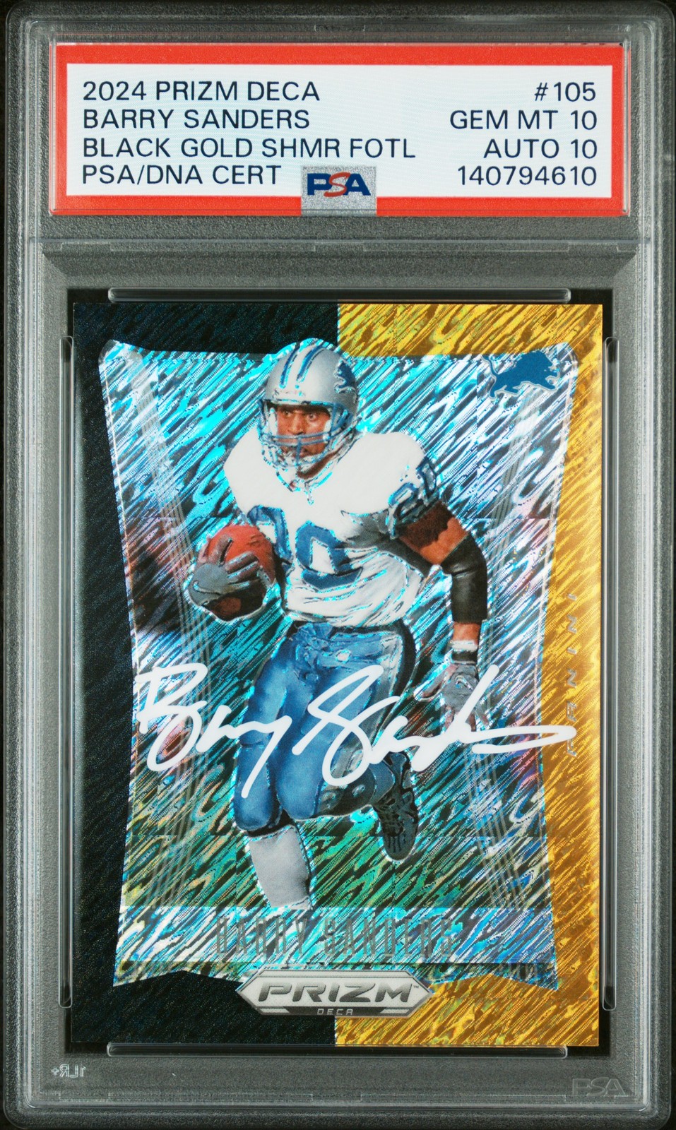 2024 PANINI PRIZM DECA BLACK GOLD SHIMMER FOTL BARRY SANDERS 1/8 PSA 10 AUTO 10
