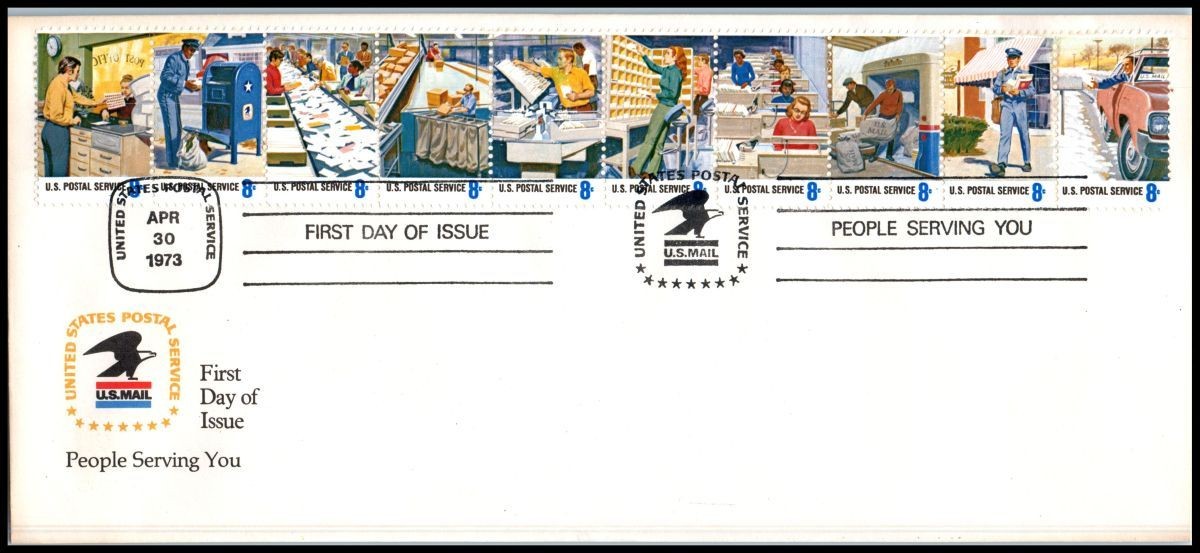 1973 Postal People 10 different Sc 1489-1498a with USPS logo official cachet (H1
