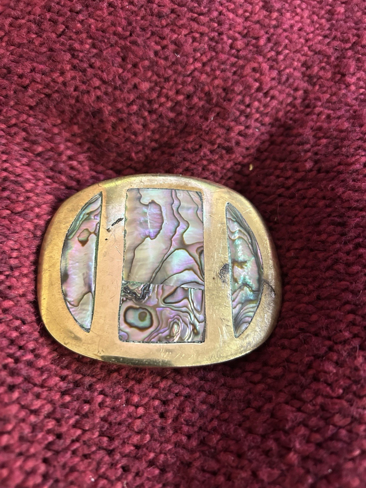 Vintage Solid Brass Belt Buckle with Inlaid Mother of Pearl Abalone Shell
