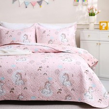 Pink Unicorn Kids Quilt Set Full/Queen, 3 Piece Girls Printed Bedspread Cover...