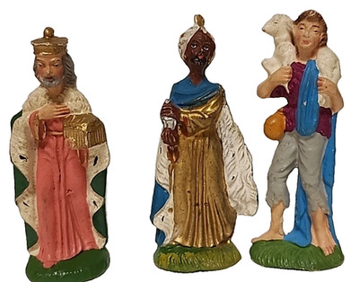 Plaster chalkware 1940s Vntg Italy  2 king-Wisemen & Shepard 4'' scale set 3