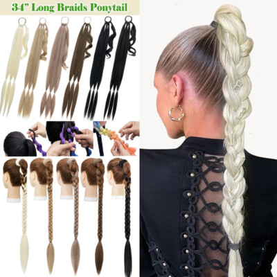Long Braided Ponytail Extension with Hair Tie Wrap Around Hair 34inch Straight