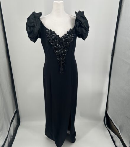 Vintage 90s Zum Zum Size 11 Black Beaded Sequin Rhinestones Formal Dress MAXI