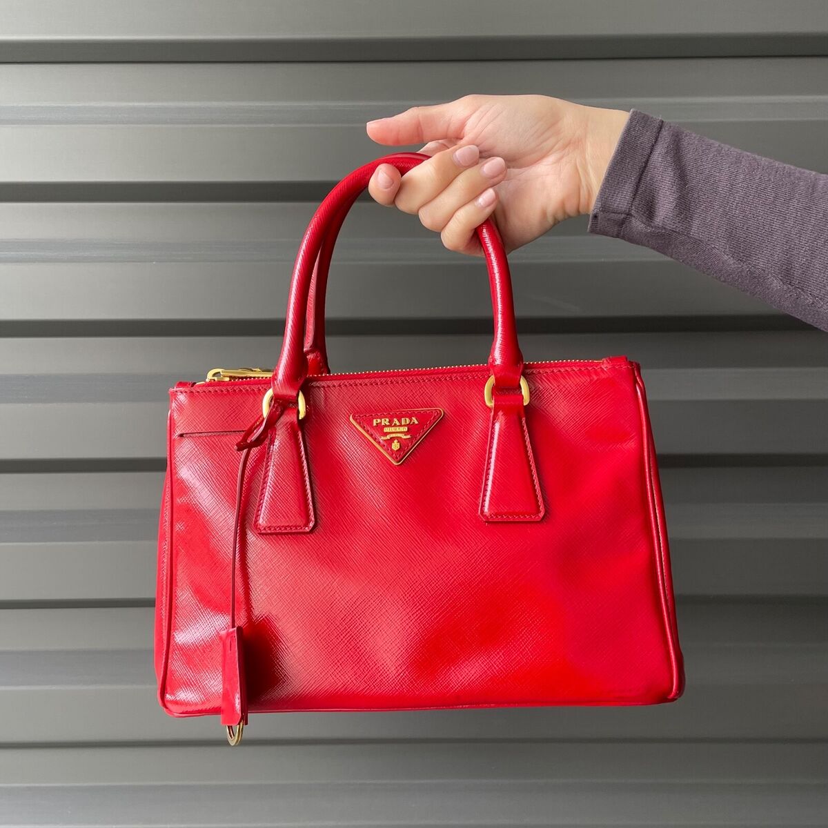 PRADA Red Patent Vernice Saffiano Lux Leather Gold Hardware PRADA Red Patent Vernice Saffiano Lux Leather Gold Hardware