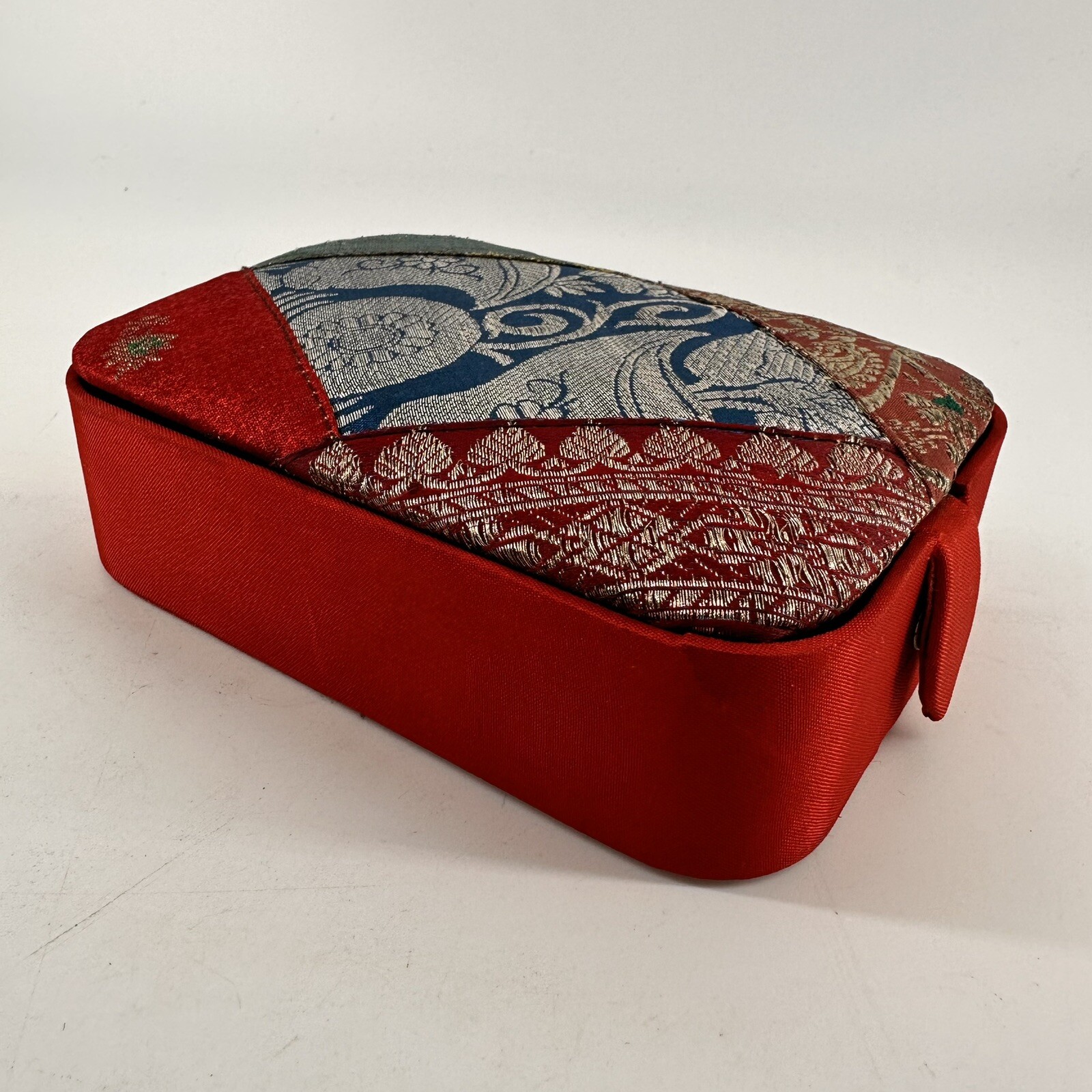 Handmade Red Jewelry Box with Metallic Fabric Top Satin Interior Snap Closure