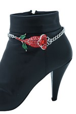 New Women Silver Chain Boot Bracelet Heel Shoe Red Flower Charm