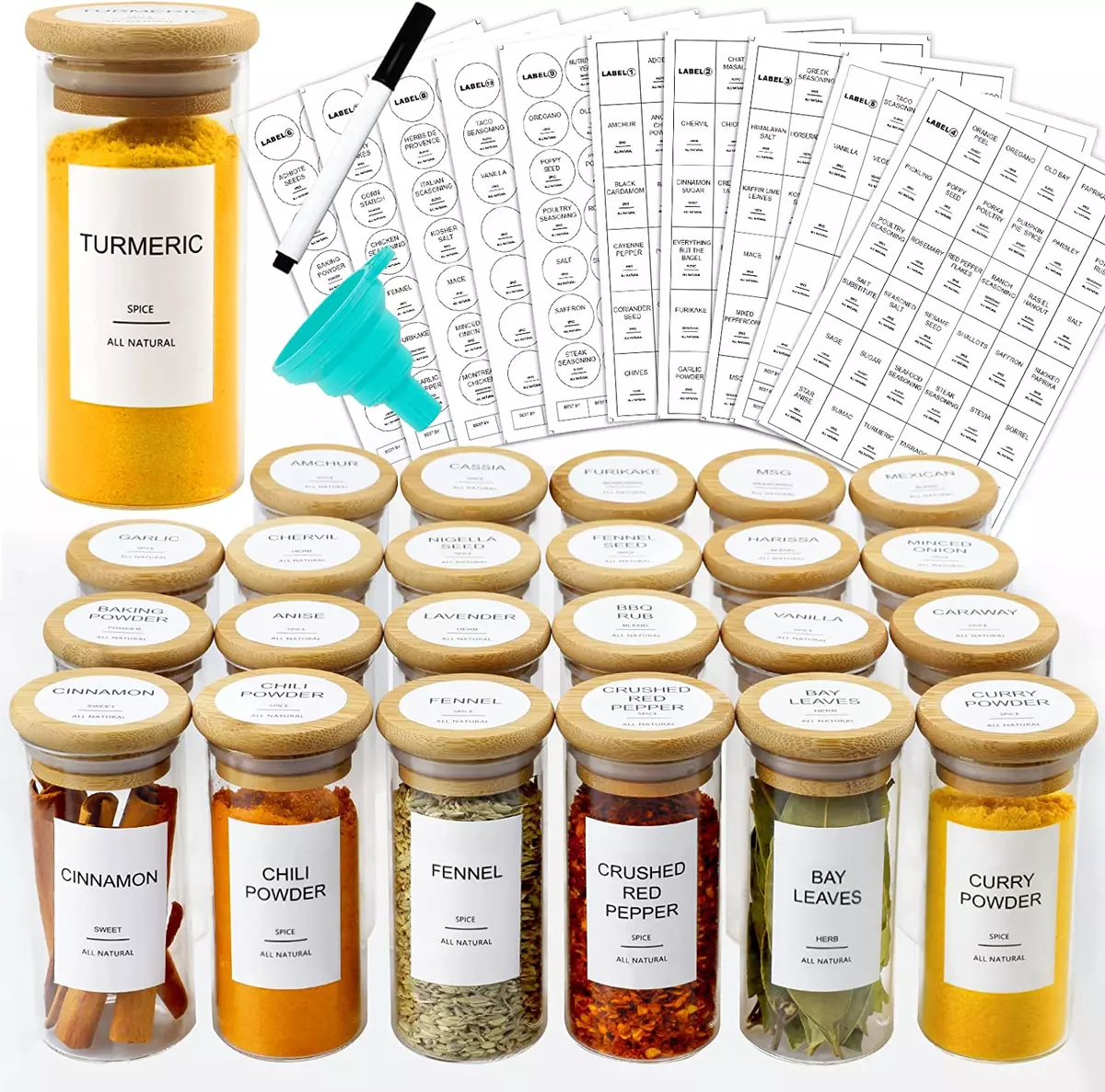 AISIPRIN 24 Pcs Glass Spice Jars with Bamboo Airtight Lids and 403 Labels -  4Oz