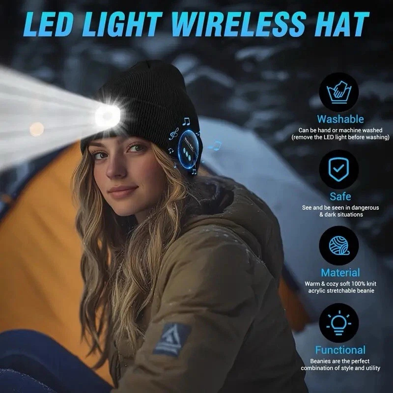 Bluetooth LED Beanie Hat with Music Speakers Mic Rechargeable Cap Head Lamp Gift - Image 3 of 4