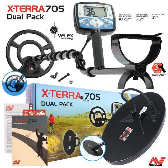 Minelab XTerra 705 Dual Pack Metal Detector with 9" and 5” x 10