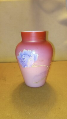Antique ''Thomas Webb Style'' Peach Blow Blue Flower Urn Glass Vase 4 3/4'' Tall