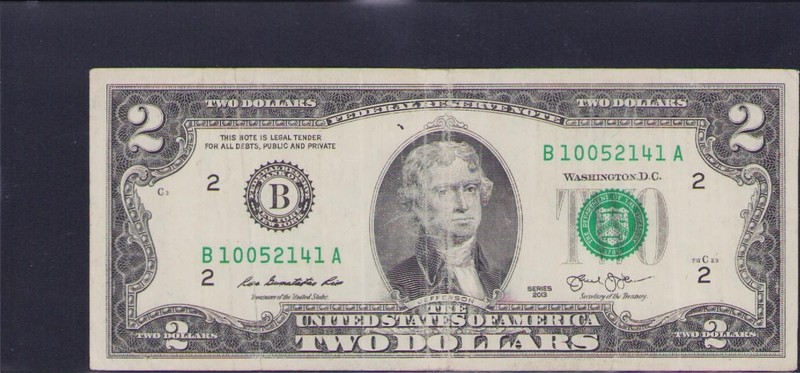 Fancy US Federal Reserve $2 Dollar Bill Serial Number B 10052141 A Very Cool