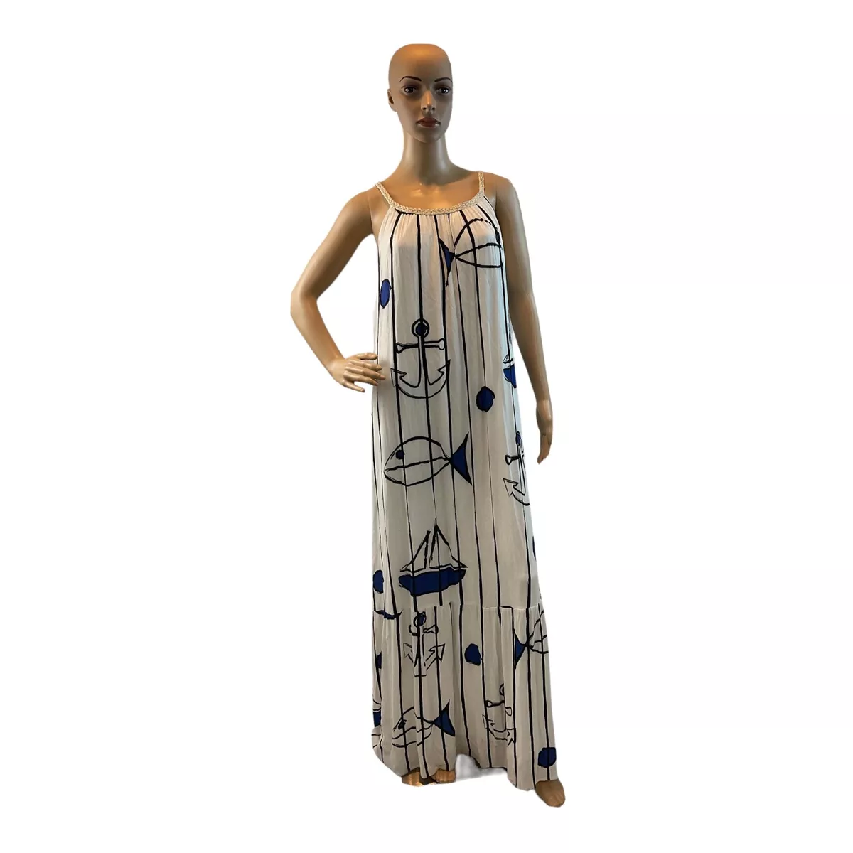 Nina Leonard Dress Sz Large Maxi White Blue Beach Design Silver