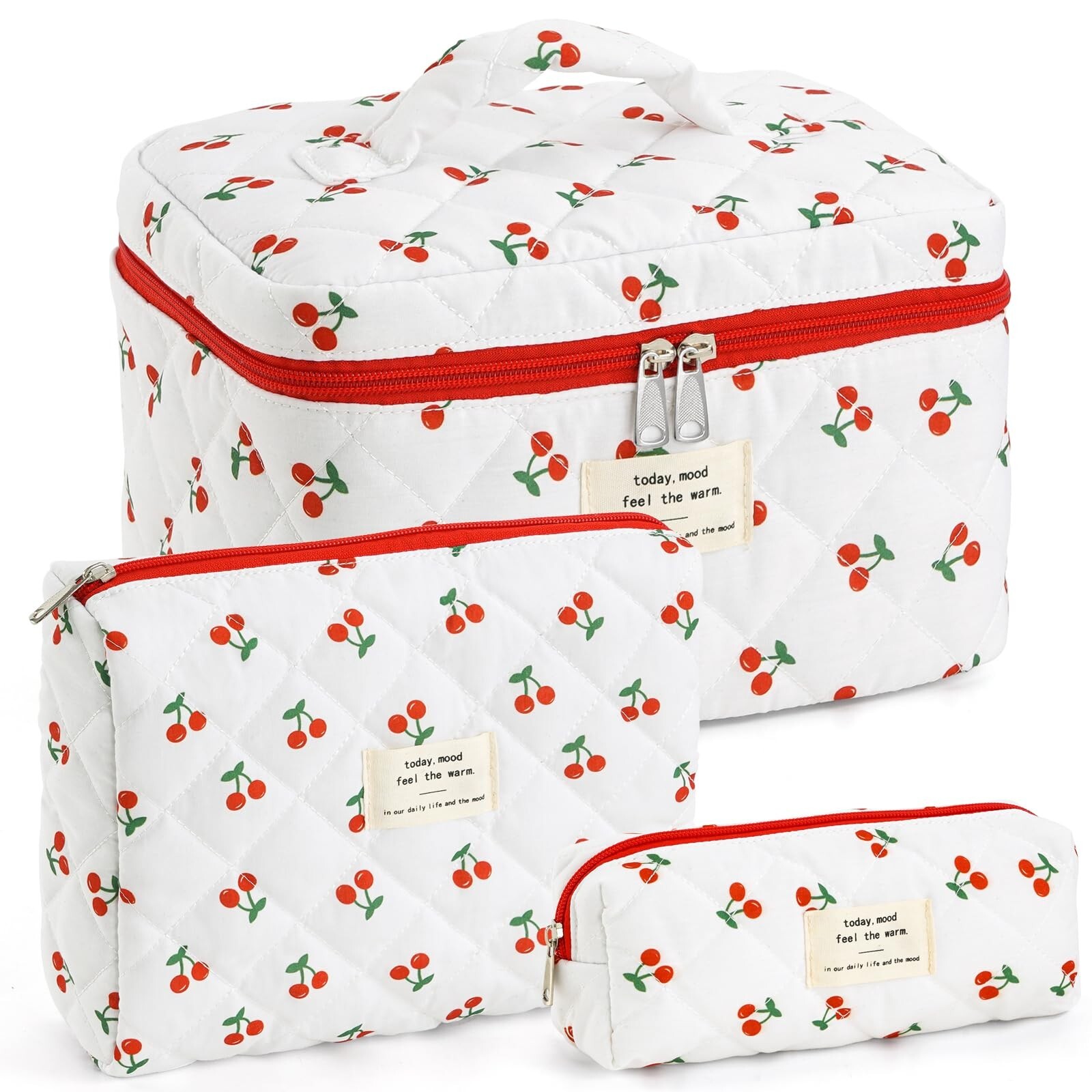 UYUUY 3-Piece Quilted Cotton Makeup Bag Set for Women Travel Cosmetics