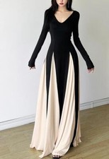Women long Sleeve V neck Color splicing Evening Prom Gown formal Long Dress