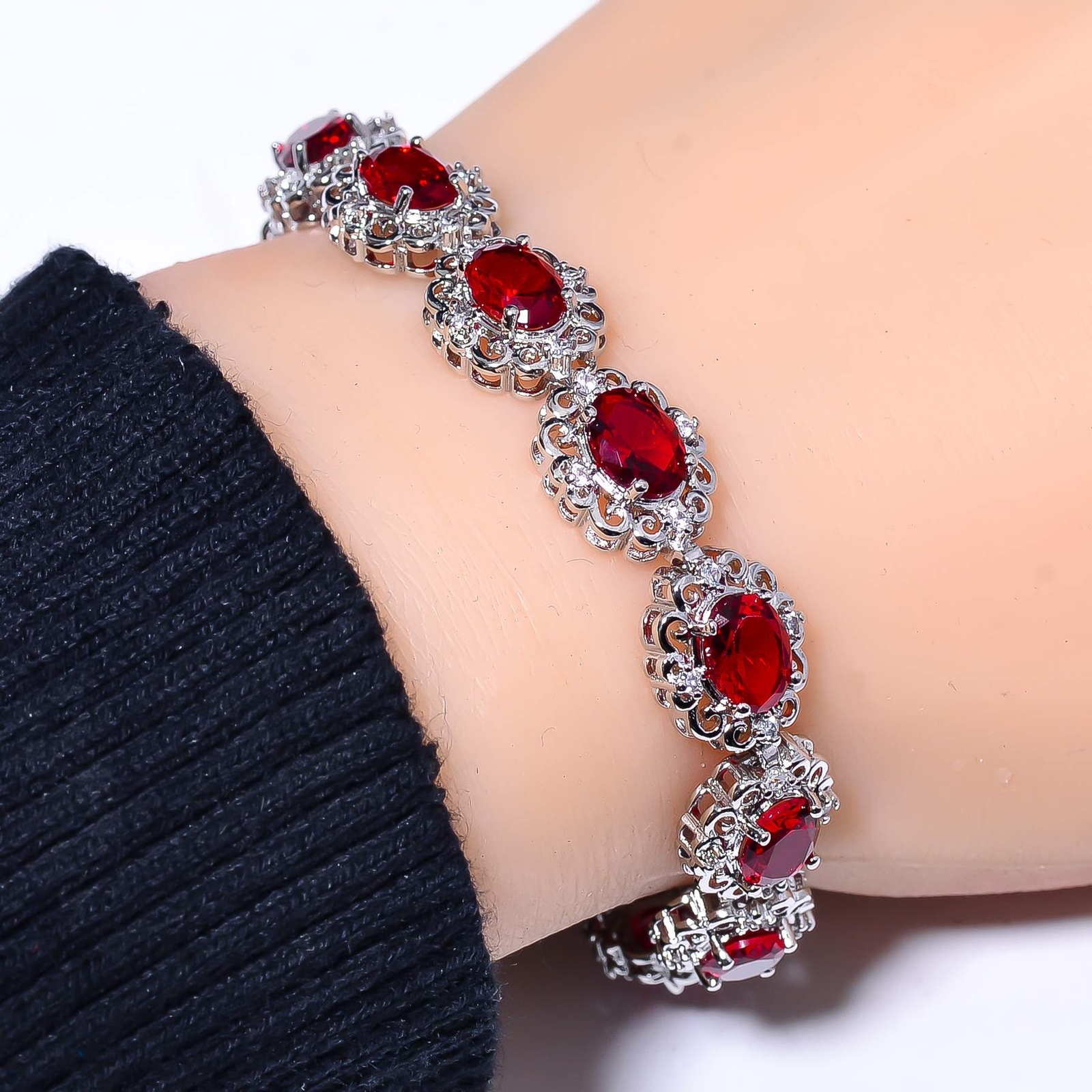 Red Garnet & Cubic Zirconia 925 Sterling Silver Tennis Bracelet 7.99
