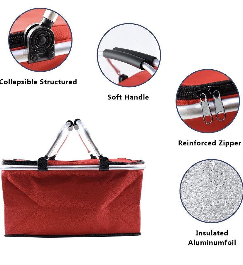 Insulated Cooler Bag Collapsible Portable Picnic Basket Red