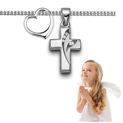 FACHHANDEL-DIREKT Kinder Zirkonia Kreuz mit Herz Anhänger zur Taufe Kommunion mit Kette Silber 925