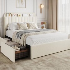Full Size Bed Frame with Headboard Upholstered Platform Bed Frame w/ 2 Drawers