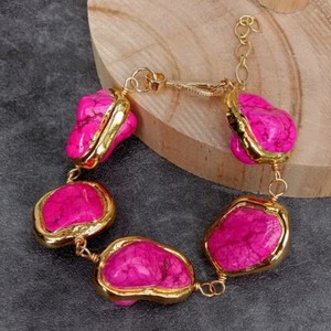 Authentic 8" Pink Turquoise Freeform Shaped With Gold Plated Bezel Beaded Bracelet