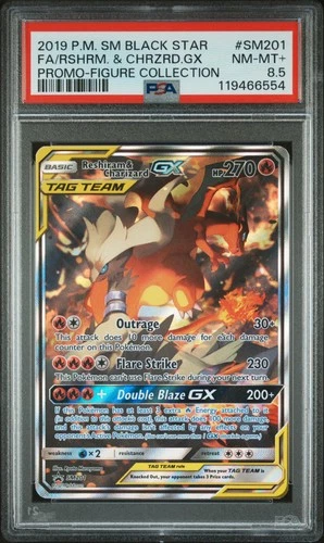 2019 POKEMON SM BLACK STAR PROMO #SM201 FULL ART/RESHIRAM & CHARIZARD GX PSA 8.5