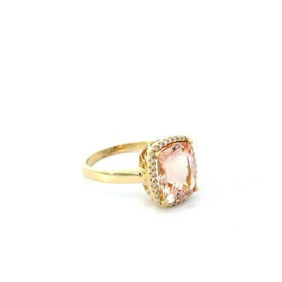 Ladies Ring, Gold Ring with Pink Quartz and Diamonds Yellow Gold 585 14KT Size 54