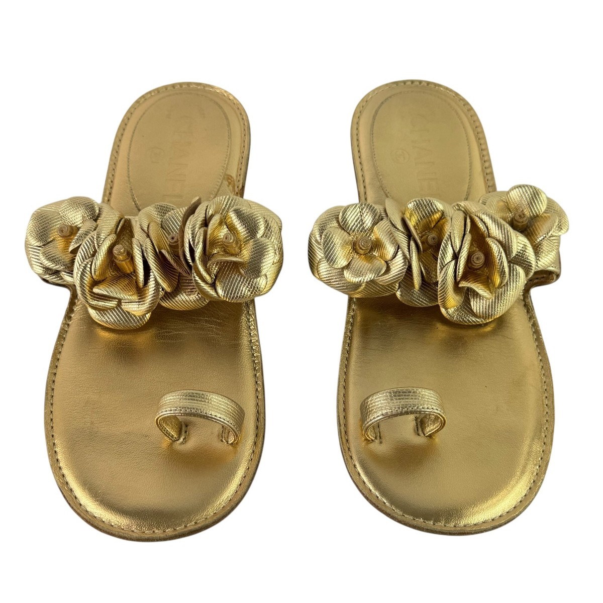 CHANEL Gold Leather Camellia Flower Toe Ring Sandals Made in Italy