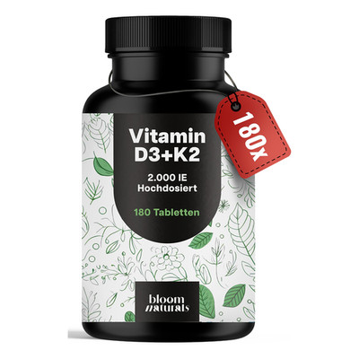 Vitamin D3 + K2 - 180 Tabletten - 2000 IE - 99,7% All-Trans MK7 - Vegan