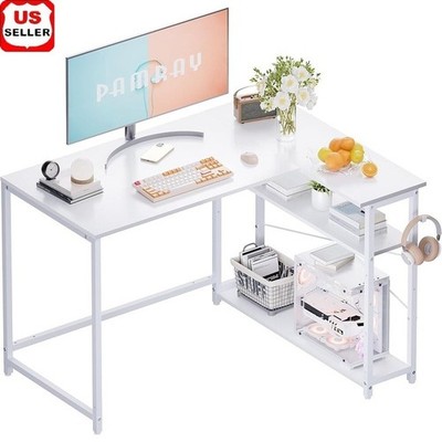 L-Shaped Computer Desk W/ Reversible Shelves Ample Storage & Sturdy Support New