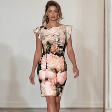 Kay Unger Sophia Sheath Dress Womens 14 Multicolor Floral Flutter Sleeve Ruched