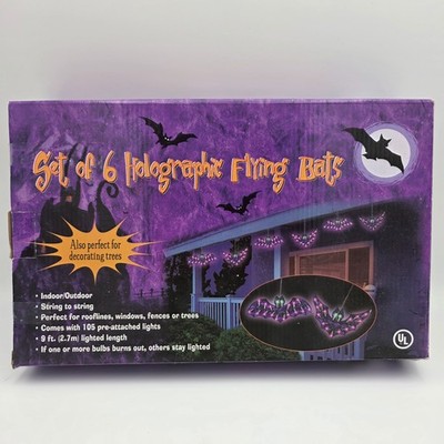 Fun Halloween Holographic Flying Bats Purple Blinking String Lights Set 6