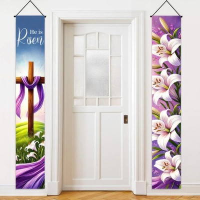2pcs Easter Door Banner Set 12x71 Inches Spring Hanging Front Porch Welcome Sign