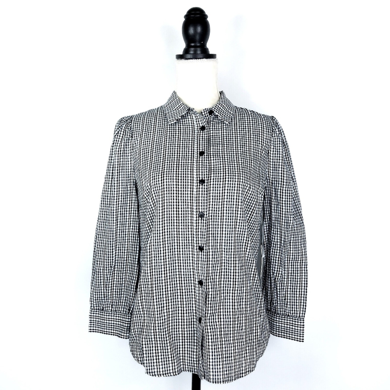 FILA Camicia Court & Rowe Rich nera bianca con bottoni Gingham e colletto davanti taglia XS NUOVA
