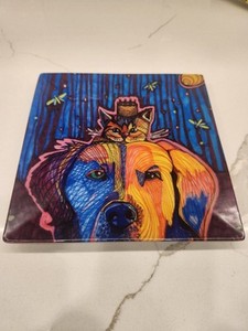 Solveig Studios Hand Painted Made In USA Colorful Cat And Dog 7x7 Inch Plate