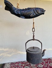 Antique Japanese Carved Carp Fireplace Holder And Cast Iron Tea/Saki Kettle