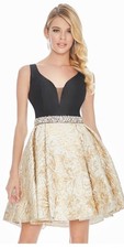 Ashley Lauren 4076 Beaded Waist Dress Black Illusion V Neck Gold Metallic Size 6